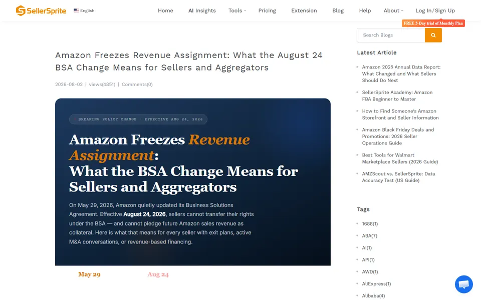 SellerSprite article page on the 24 August change to Amazon’s Business Solutions Agreement.